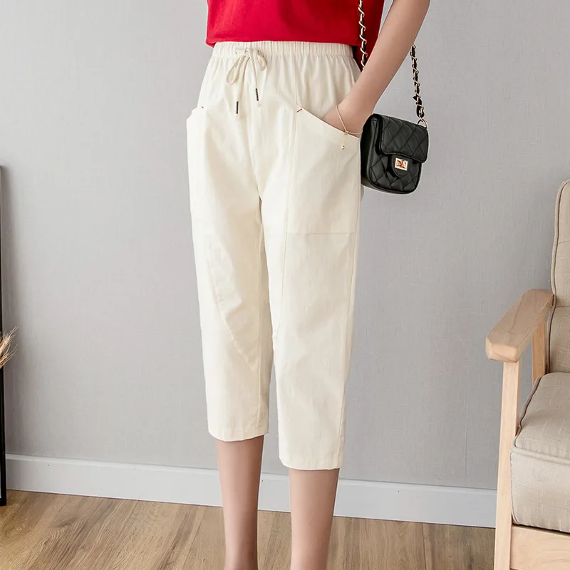 off white Хлопковые льняные укороченные женские штаны, новые летние повседневные штаны с высокой талией, женские свободные штаны для отдыха с карманами - Цвет: off white