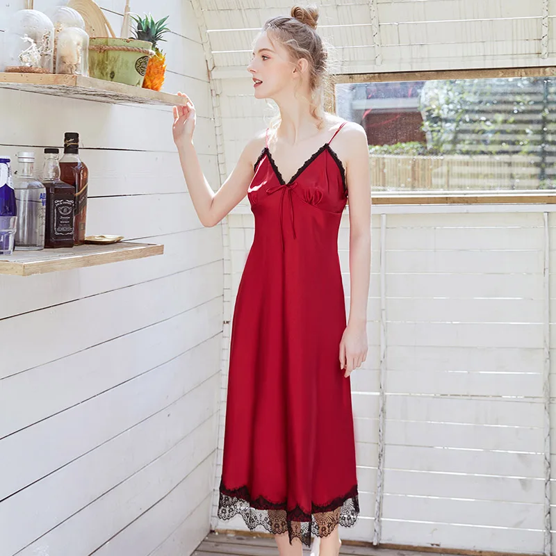 AEOZRING сексуальный женский кружевной натуральный шелковый атлас Camisole Пижама комплект пижамы большого размера халат одежда для дома сна завеса для ванной - Цвет: Wine red
