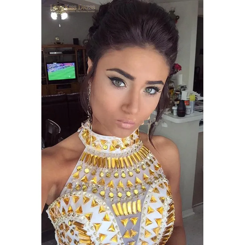 Белый платье с сплит шифон сексуальные гала бисером крозе топ 2 шт. пром платья