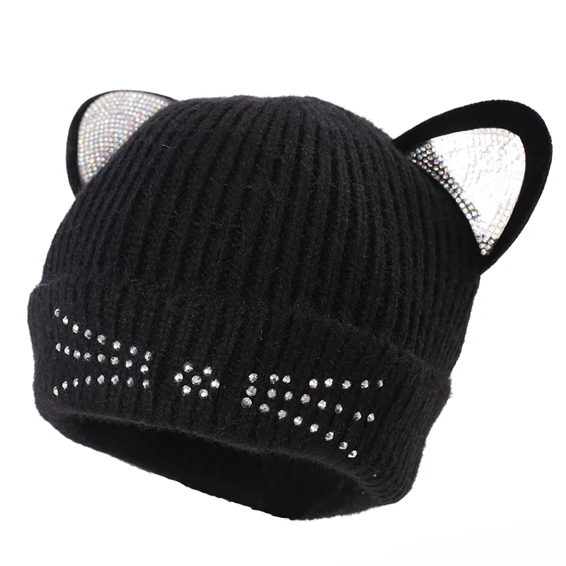 Детские Кепки Rhinstone Cat Дизайн шапка для девочки крючком кошачьими ушками