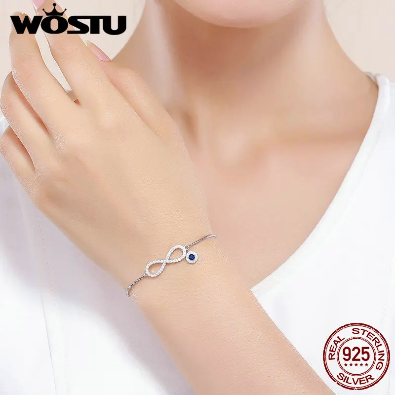 WOSTU, 925 пробы, Серебряный сверкающий бесконечный женский браслет на цепочке, свадебное регулируемое серебряное ювелирное изделие, подарок CQB087
