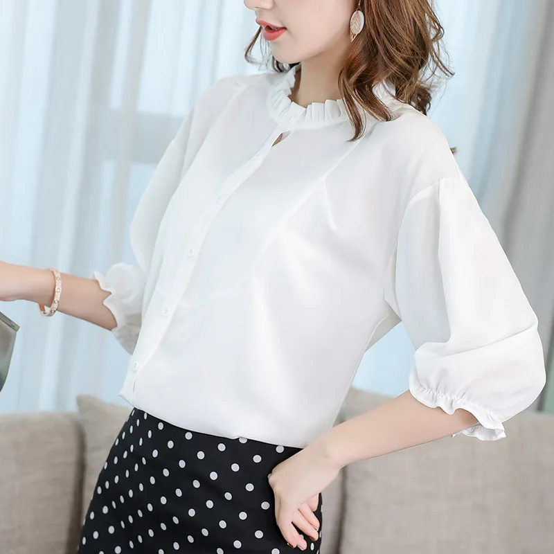 New Korean Women's Chiffon Bottom Blouse Office Ladies Long Sleeve Pure Color Shirt Female Spring Summer Stand Collar Top H9111