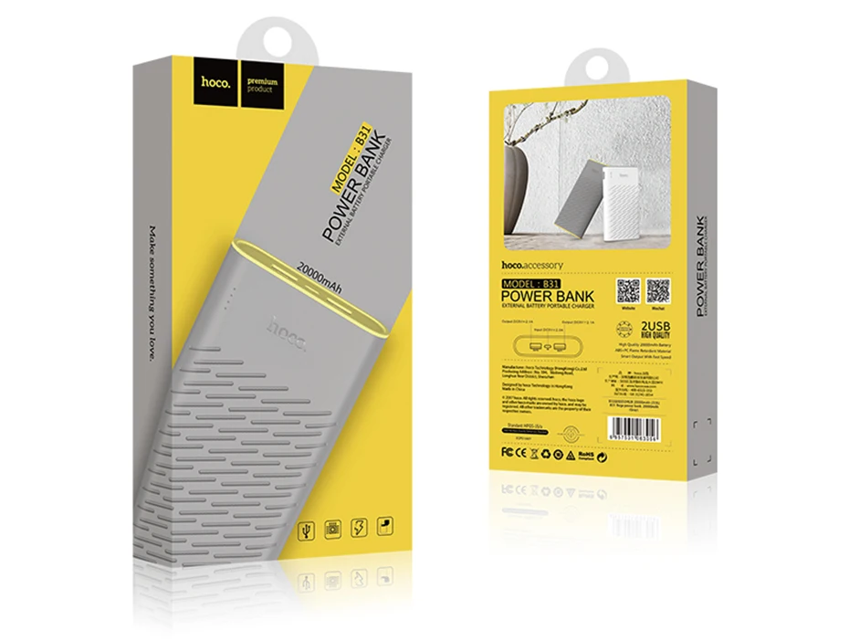 HOCO power Bank 20000 мАч Универсальный внешний аккумулятор портативное Внешнее зарядное устройство для iPhone X XS XR 8 Xiaomi 8 Dual USB Pover bank