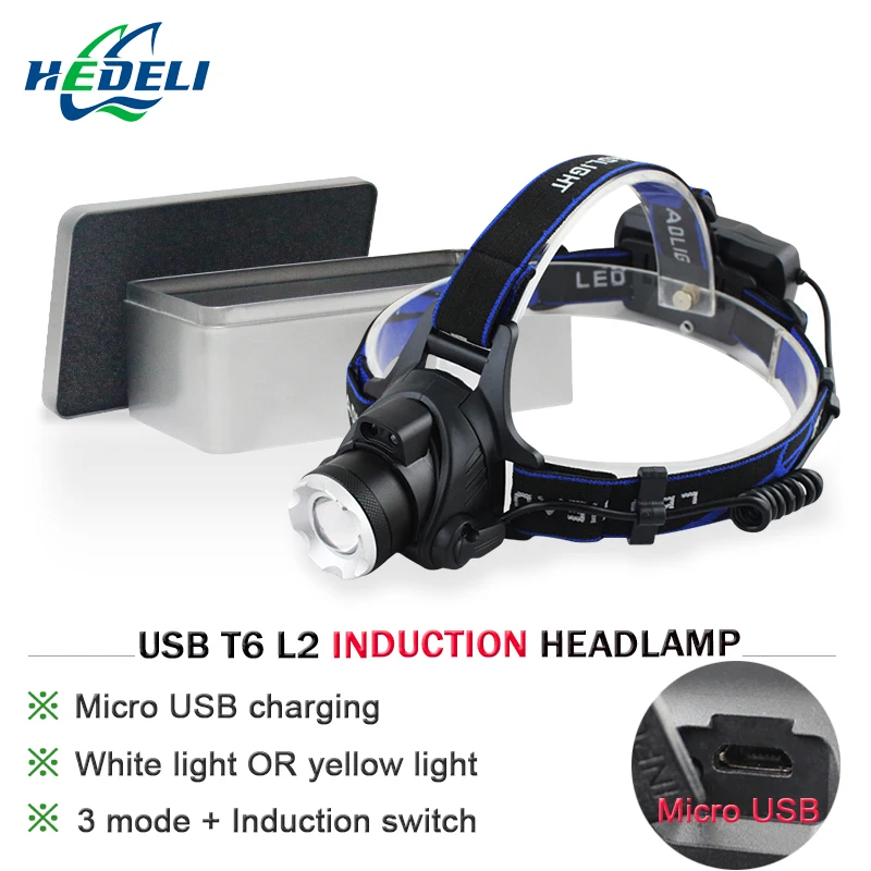 Ик-sensing масштабируемый светодиодный налобный фонарь cree xm l2 USB xml t6 Фонарь 18650