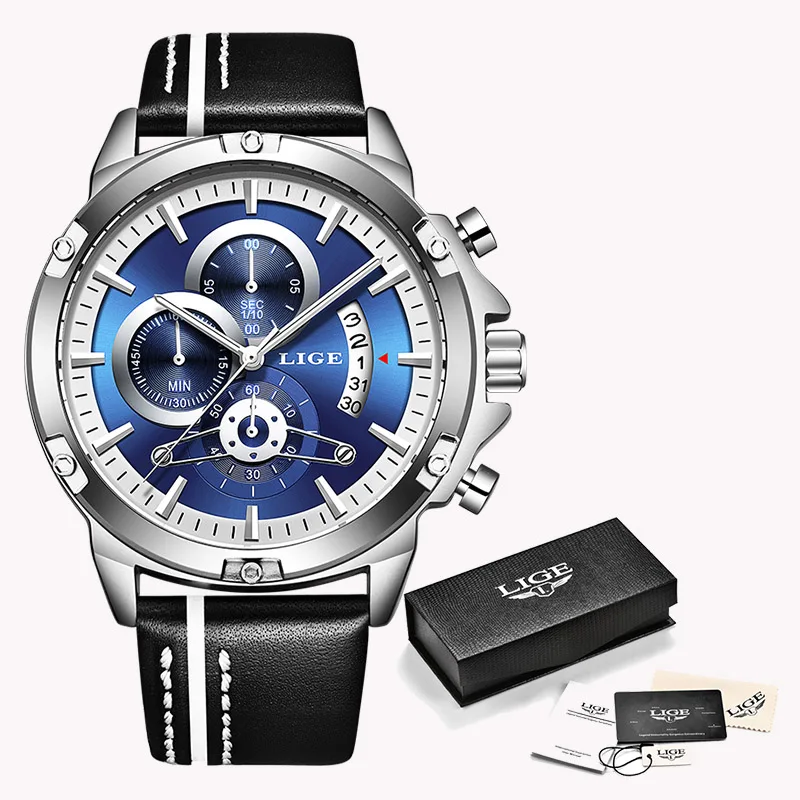 Silver blue Новинка, мужские часы LIGE s, Топ бренд, роскошные мужские военные спортивные часы, повседневные кожаные водонепроницаемые кварцевые часы, Relogio Masculino - Цвет: Silver blue