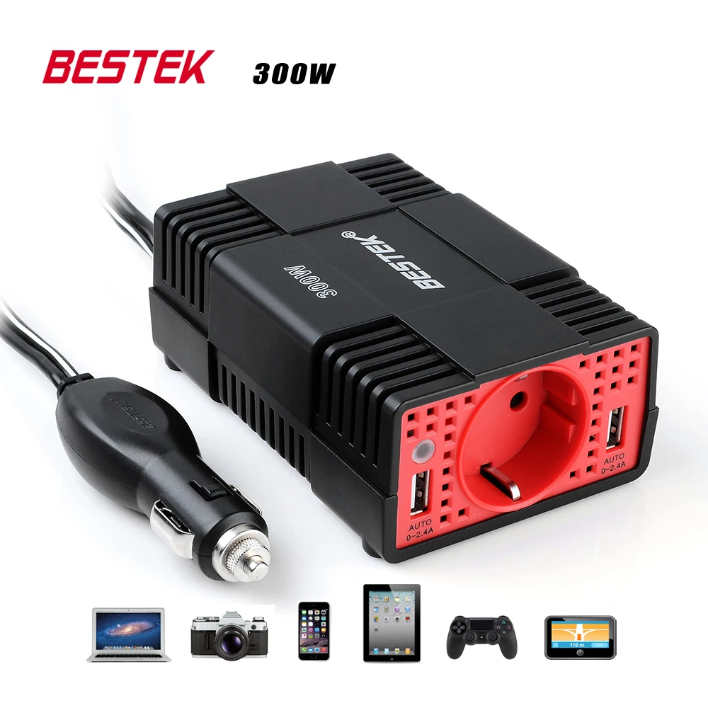 BESTEK 300 Вт автомобиля мощность преобразователь DC 12 В в к AC 220 инвертор 5 4.2A Dual USB
