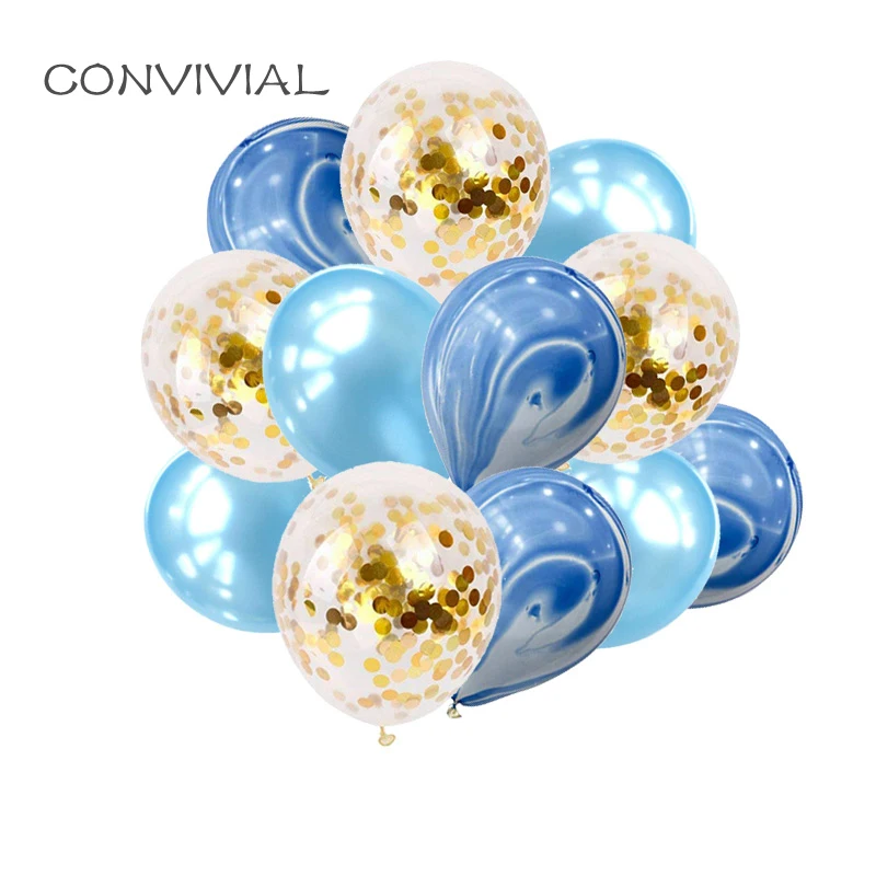 12 дюймов синий воздушных шаров из латекса букет мрамора шары с золотыми конфетти