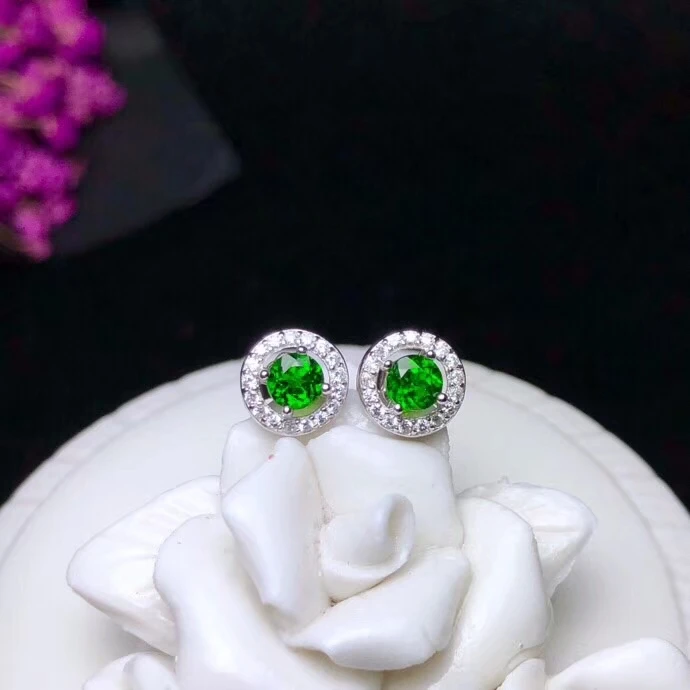fresh green diopside gemstone earrings 925 silver fine jewelry round natural gem stud color girl ornament gift | Украшения и