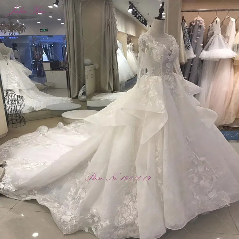 Julia Kui Real Photos Vintage Princess Wedding Dress Appliques Lace Tiered Chapel Train Scoop Bridal Gown Robe De Mariage Custom | Свадьбы и
