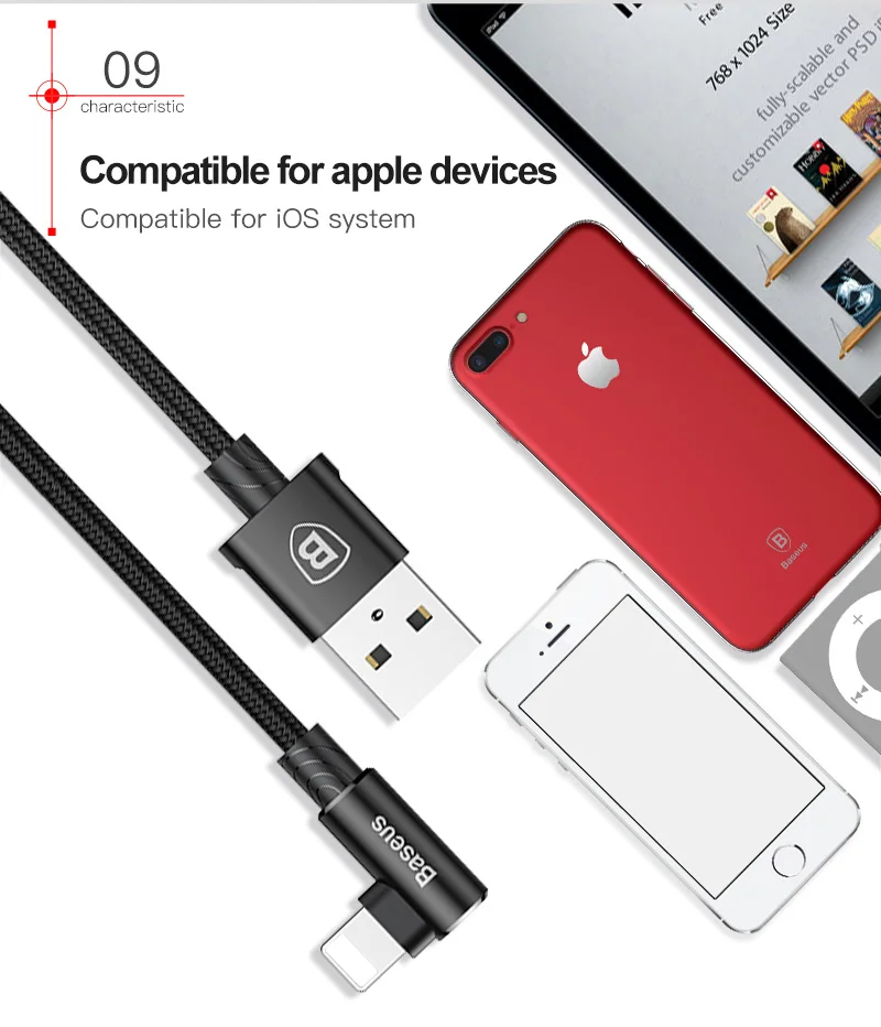 Baseus USB кабель для iPhone X, 8 plus, 7 plus, 6, 6S plus, 90 градусов, дата, зарядный кабель для iPhone, кабель lightning, провод, шнур