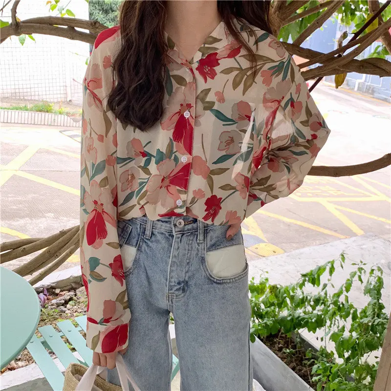 Рубашка с длинным рукавом Alien Kitty простая симпатичная свободная цветочным