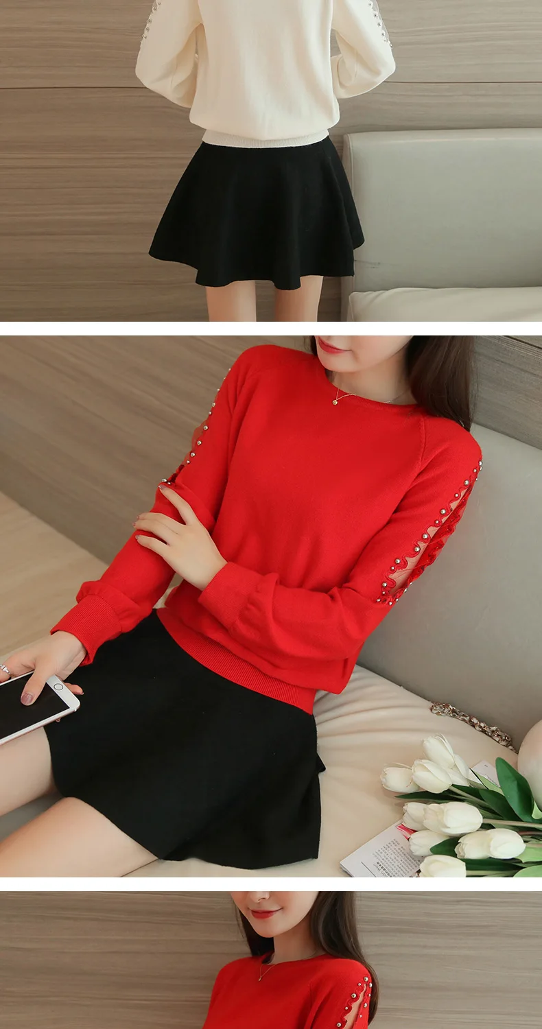OHCLOTHING свободные женские короткие кружевные бисером на осень-зиму Для женщин свитер универсальная рубашка Одноцветный пуловер Трикотаж