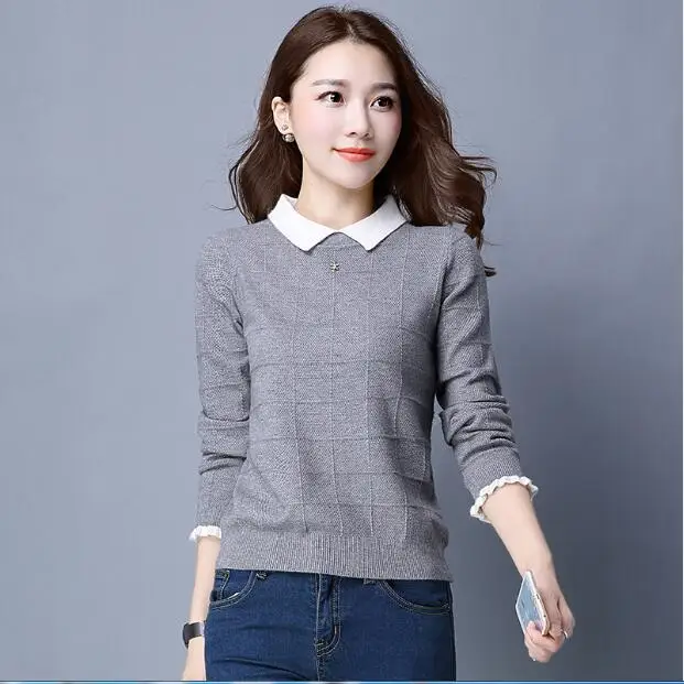 Свитер женский кашемировый с отложным воротником и длинным рукавом осень 2017 |