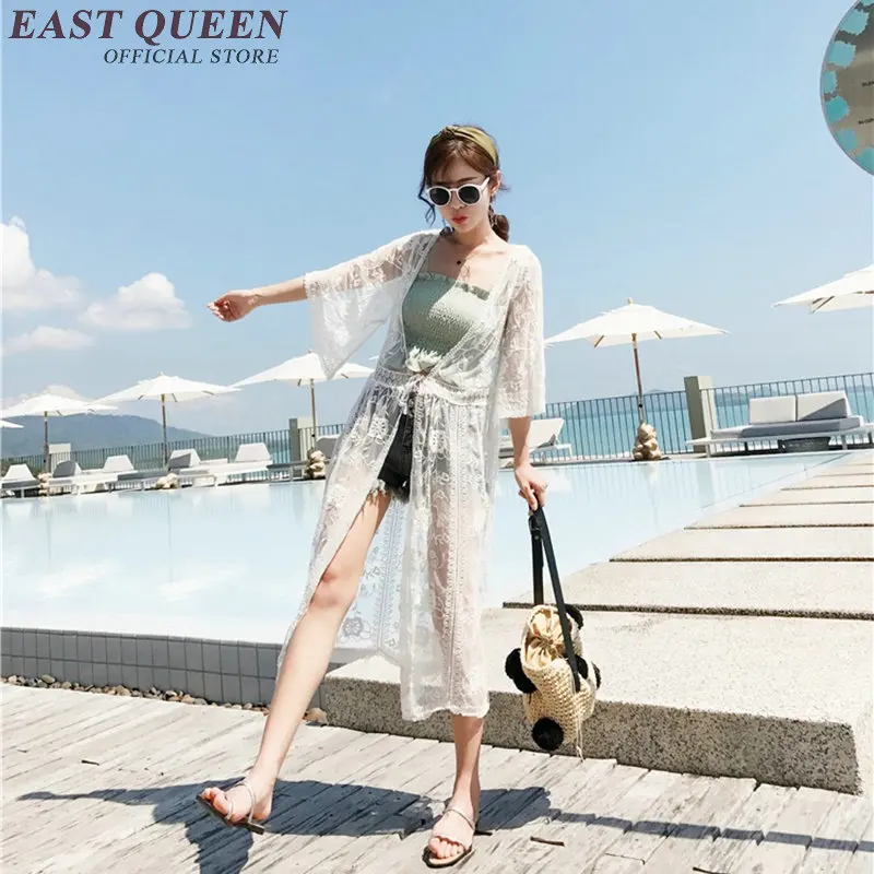 2018 Модный летний длинный кардиган белый кружевной с расклешенными рукавами