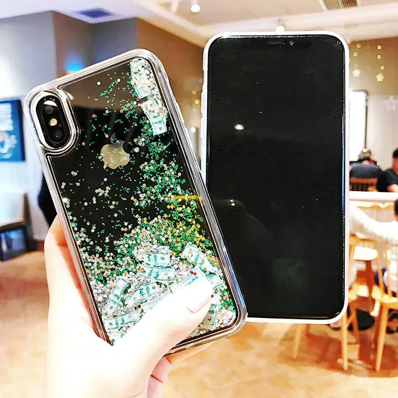 Творческий долларов чехол для iPhone 7 8 X XR Xs Max динамическая жидкость Жесткий PC Capinha 6