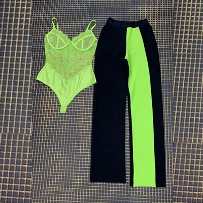 bodysuit and pants Модный летний сексуальный комплект из двух предметов, боди и штаны, черный с зеленым Лоскутная повязка, комбинезон для знаменитостей, Клубная одежда - Цвет: bodysuit and pants