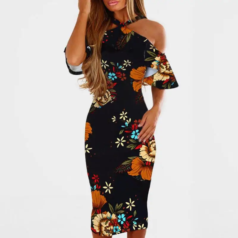 

Vintage Dress Women Spaghetti Strap Dress Floral Print Package Hip Dresses Ladies Off Shoulder Party Dress Vestidos WS8439X