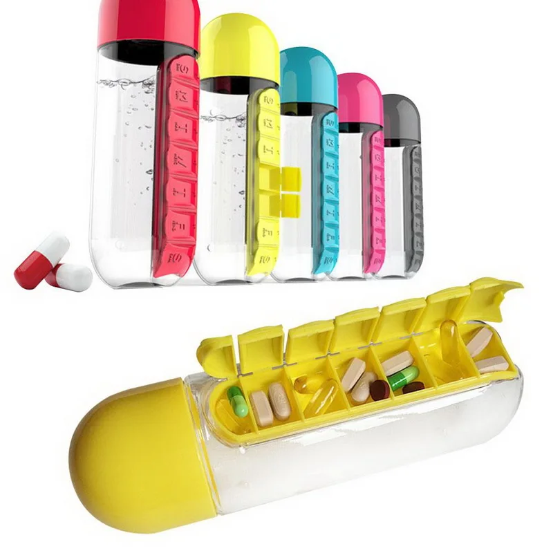 

600ML Candy Color Pill case Water Bottle Seven Daily Pill Box Organizer Portable Kit Combine Plastic Water Bottle