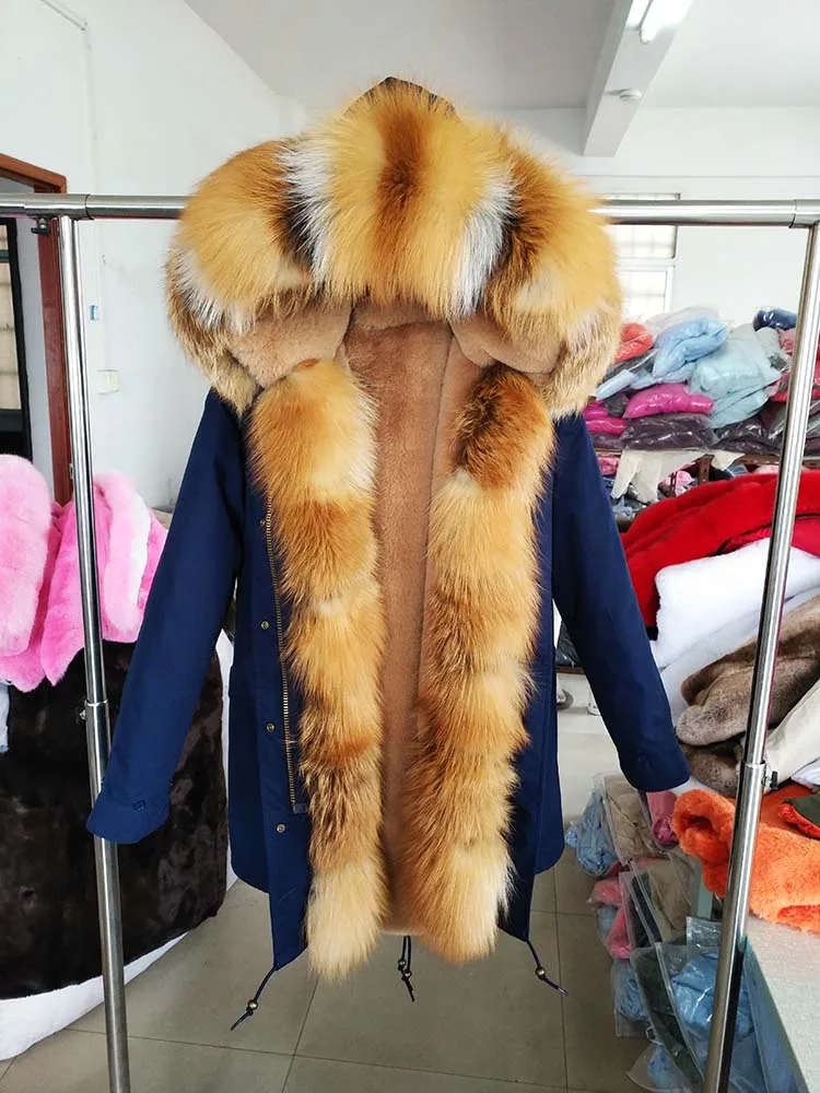 Red fox fur Непромокаемая Длинная зимняя парка Куртка женская Меховое пальто Воротник мех лисы Теплая уличная мода новая - Цвет: Red fox fur