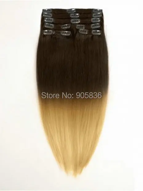 Clip in two tone dark brown ombre light golden blonde wavy brazilian virgin human hair extensions 100g |