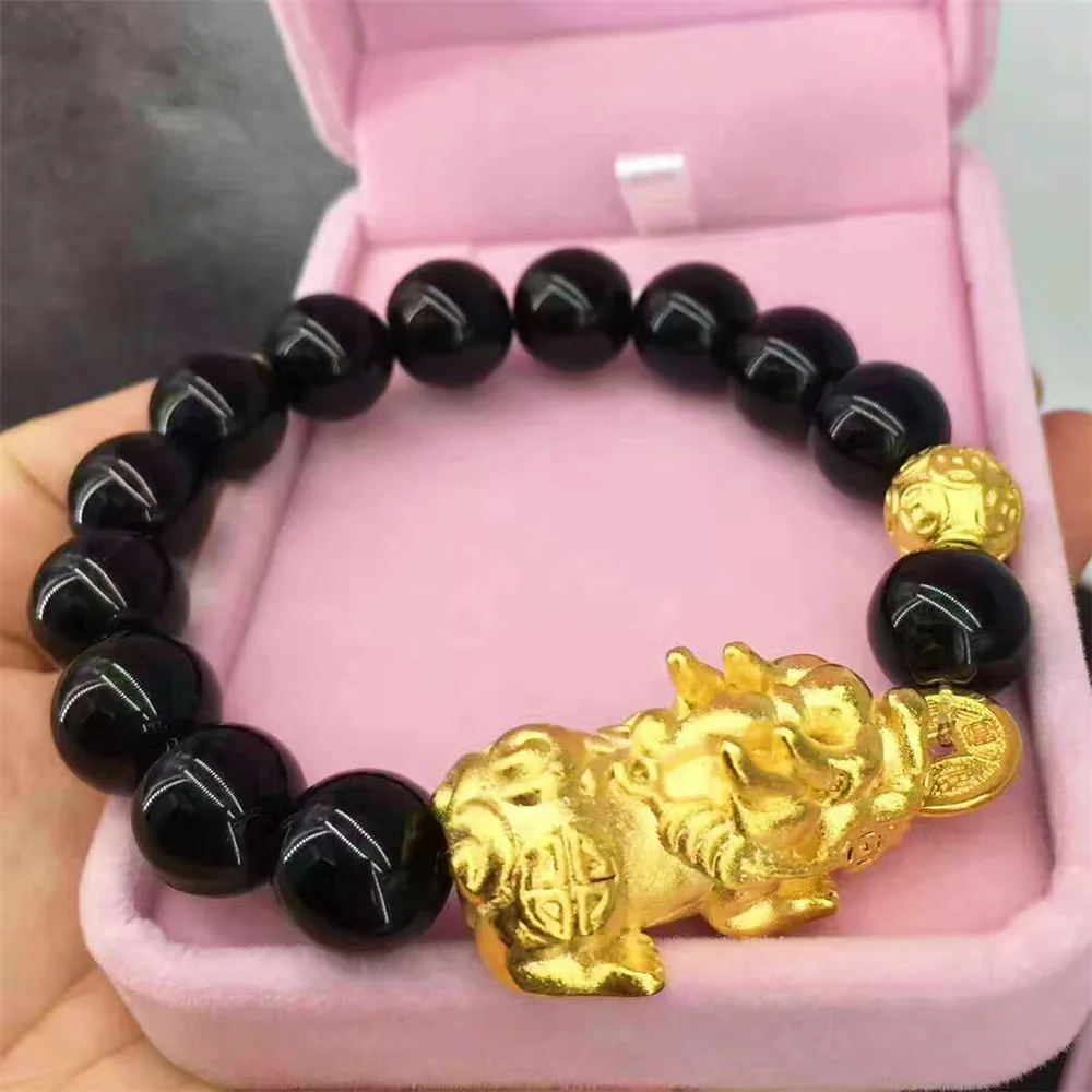Black Onyx New Style Vietnamese Sand Gold Pixiu Coin Charm Bracelet Natural Six Words Black Onyx Beaded Bracelet for Fashion Men Wholesale - Окраска металла: Black Onyx
