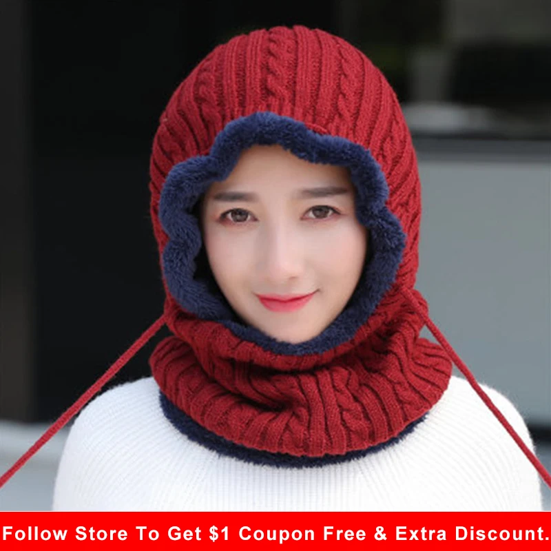 Knitted Winter Hats Women Wind Cold Proof 2018 Thickening Thermal Caps Neck Warmer Skullies Beanies Gorros Mujer Invierno | Аксессуары