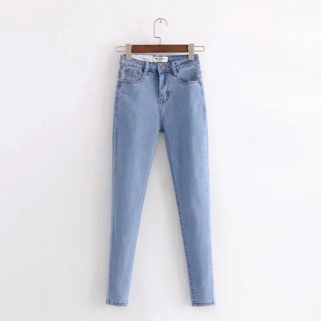 2018 Autumn Skinny Denim Jeans Female Blue High Waist Button Fly Casual Women Plain Long Pencil Pants |