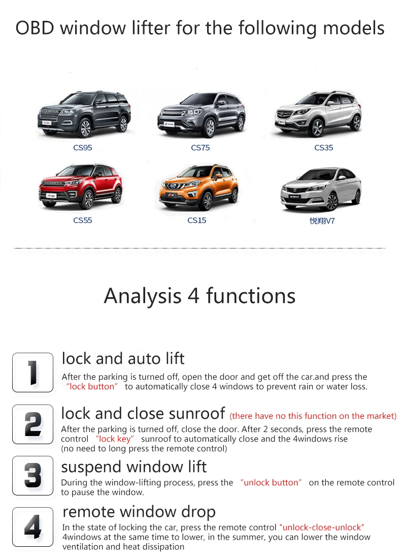 OBD Авто стеклоподъемник для Changan CS15/CS35/CS55/CS75/CS95 Range Rover и Evoque и обнаружения автомобиля дистанционного управления