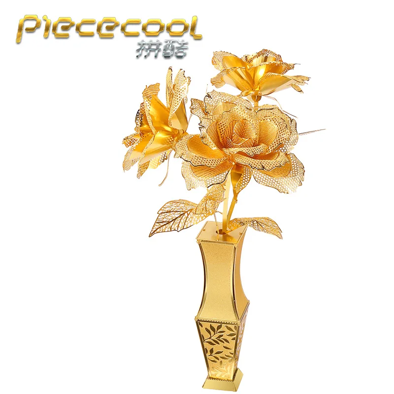 Металлическая 3D головоломка Piececool Gloden Rose романтичная металлическая лазерная