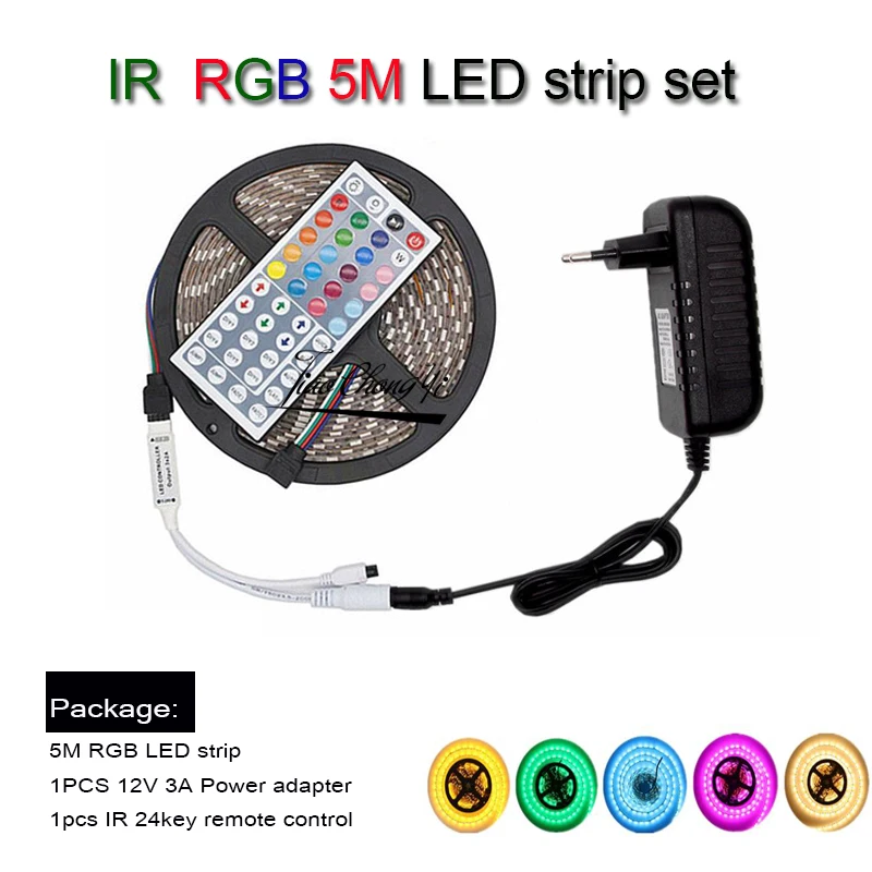 Фото Светодиодная лента 5 м 10 м 5050 RGB, 12 В постоянного тока, 60 светодиодный одов/м, гибкая светильник вая лента IP20/IP65, водонепроницаемая и 24 клавиши, ... №2