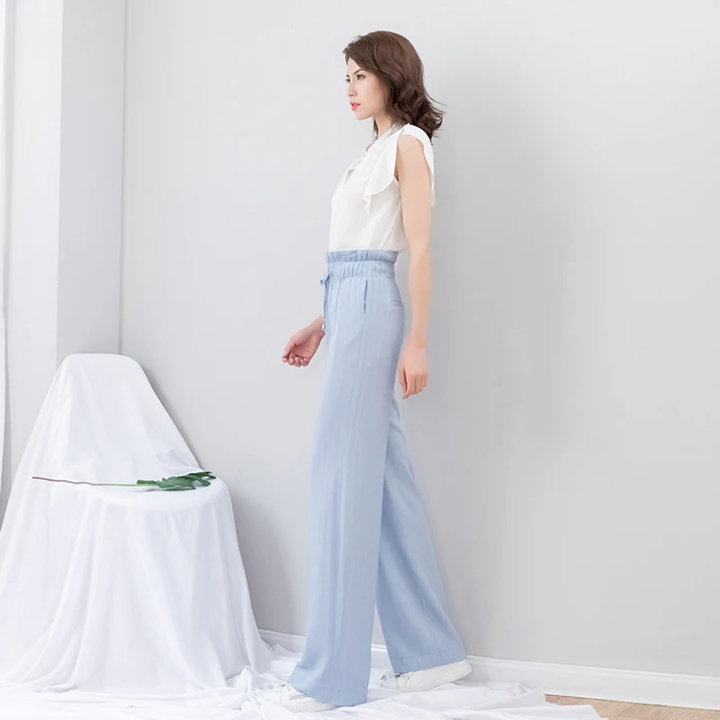 2019 летние тонкие широкие брюки женские синие хлопковые с высокой эластичной