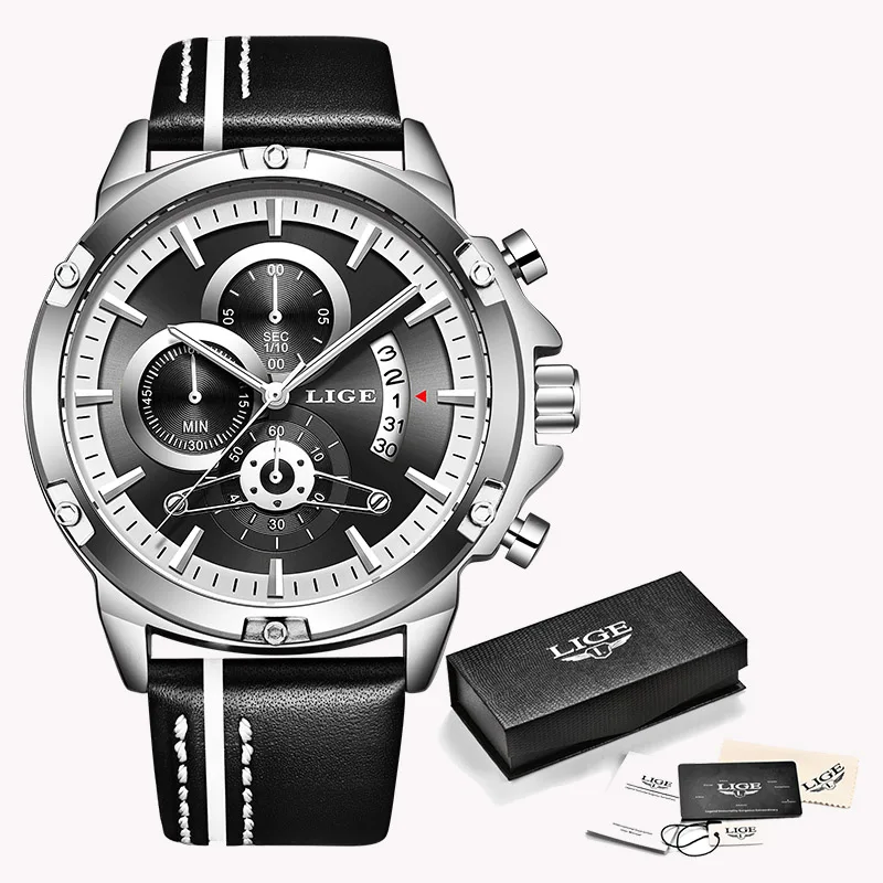 Silver black Новинка, мужские часы LIGE s, Топ бренд, роскошные мужские военные спортивные часы, повседневные кожаные водонепроницаемые кварцевые часы, Relogio Masculino - Цвет: Silver black