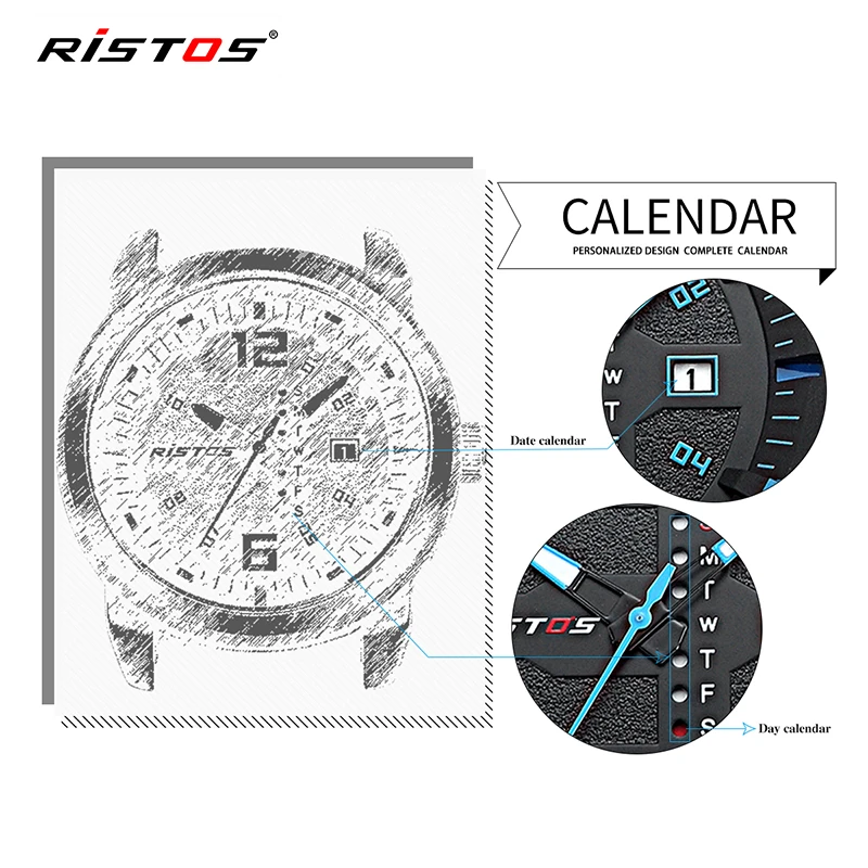 RISTOS Топ люксовый бренд мужские спортивные военные кварцевые часы Мужские