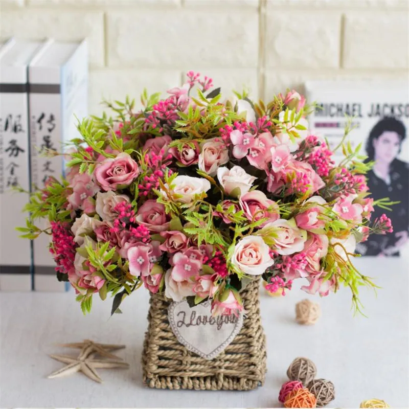 European Fake Rose Bunch Simulation Roses with Plastic Accessories for Wedding Home Decorative Artificial Flowers | Дом и сад