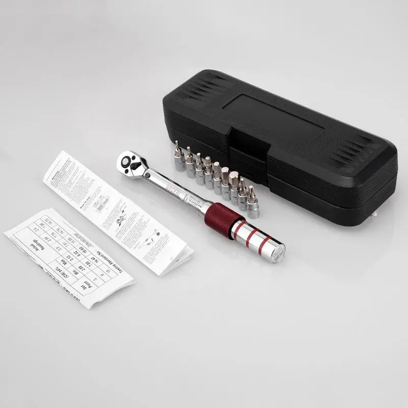 

1/4" 2-15Nm Drive Click Torque Wrench Hand Spanner + 9 Socket Bits + Box Set Bike Bicycle Tool