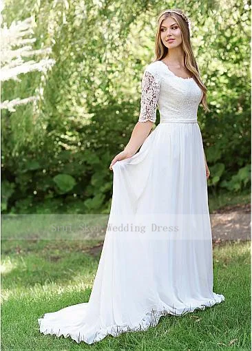 Классическое с круглым вырезом Дешевое кружевное свадебное платье шифоновая