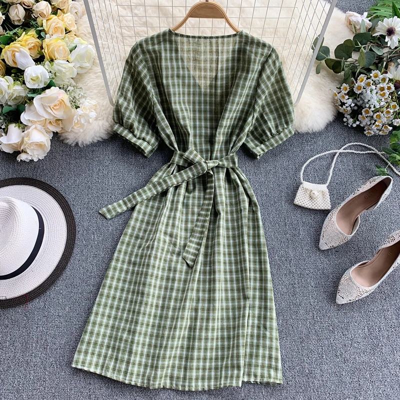 Vintage 2021 Button Slim V Neck Plaid Print Short Dress Summer Party Tie Jurkjes Women Dresses Casual A-Line Vestido de festa | Женская