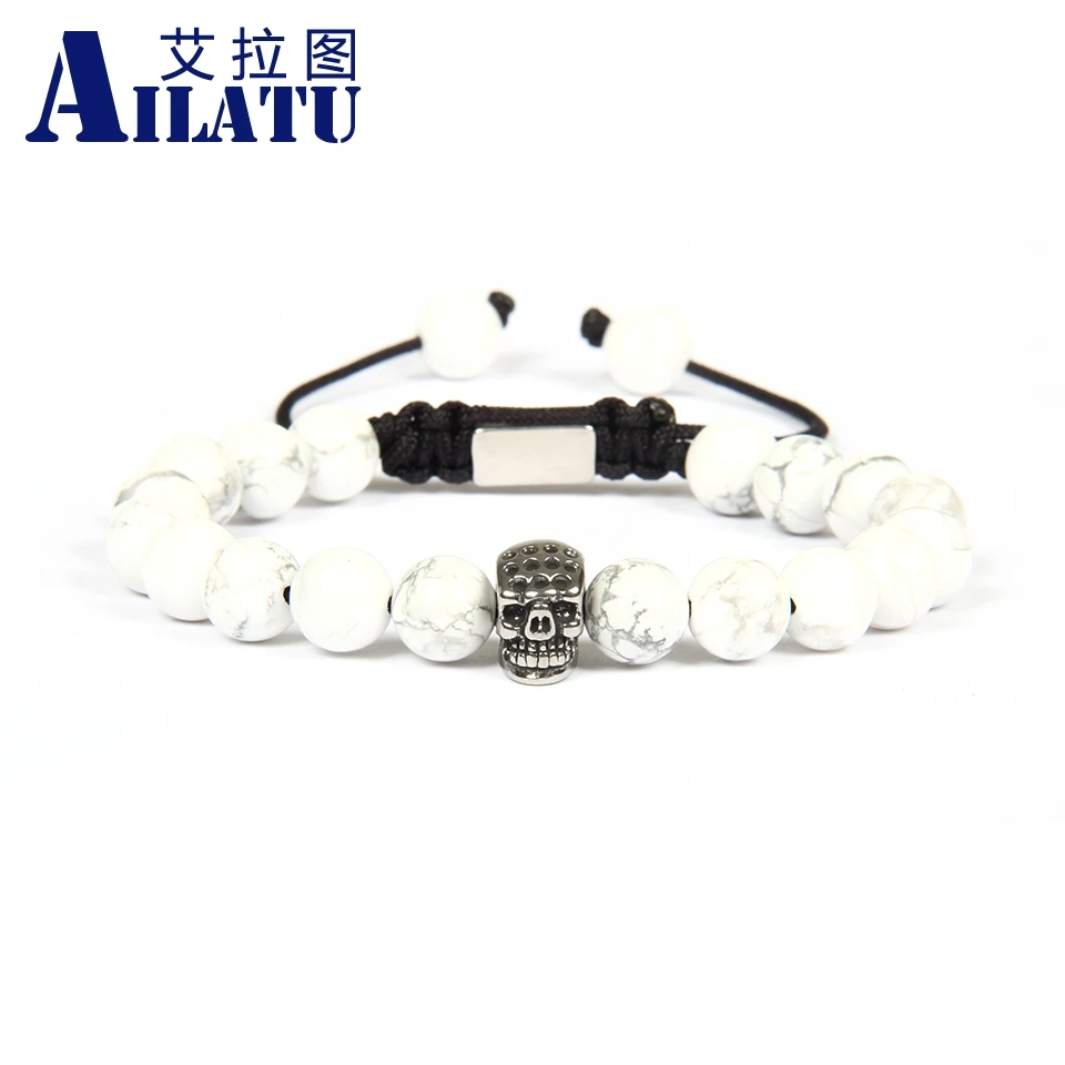 Ailatu 8 мм белый Howlite мраморный камень Бусины из нержавеющей стали череп макраме