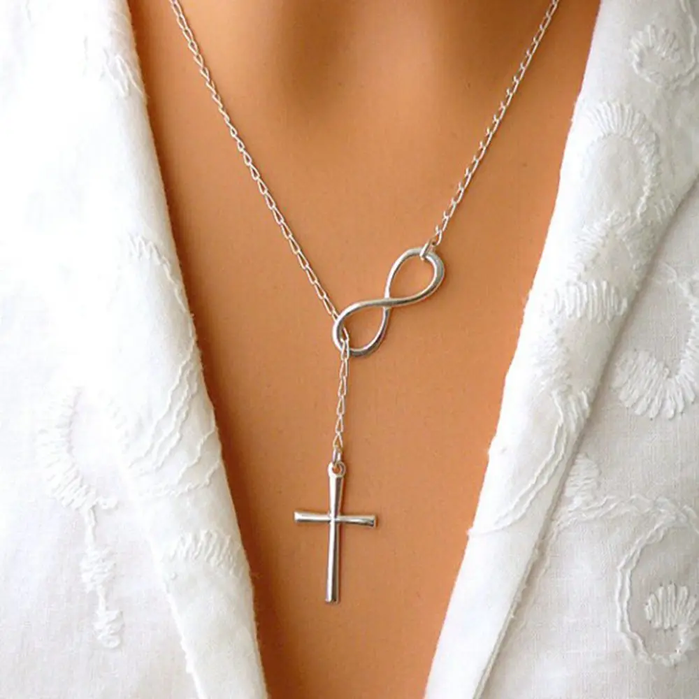 

Crucifix Cross Necklace Simple Silver color Love Infinite Pendant Necklace For Woman Tiny Chain Jesus Collier Bijoux kolye