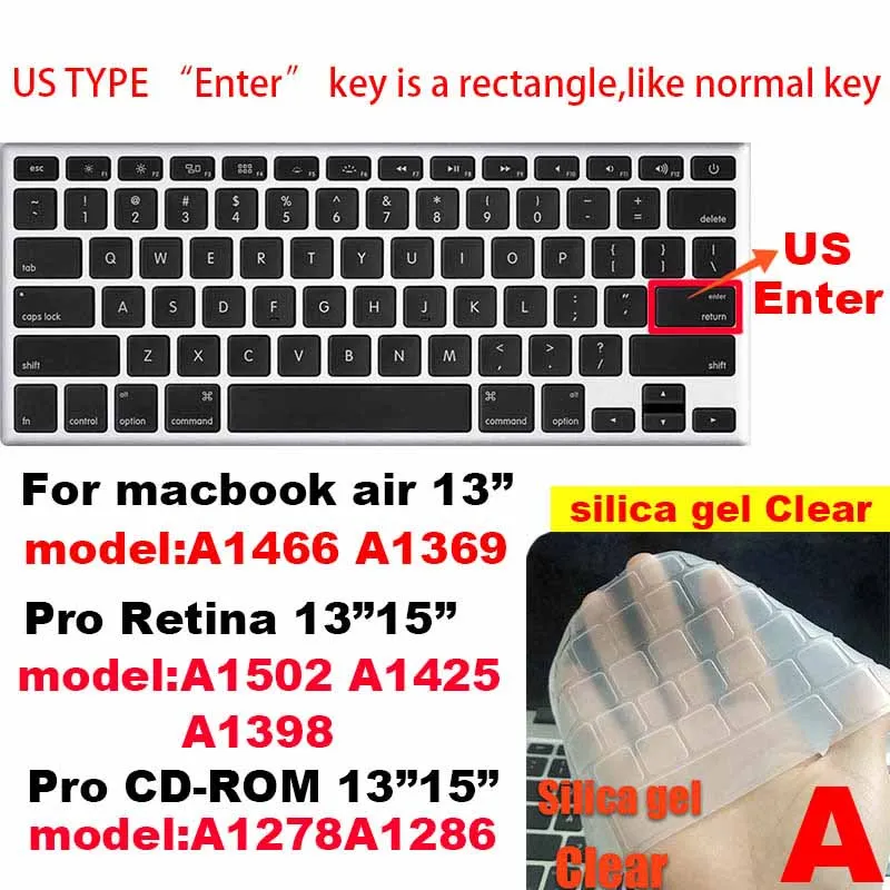 A Для Apple Macbook air pro retina EU/US версия A1466/1502/1398/1534/1990 Клавиатура Чехол Silica гелевый из термопластика прозрачный протектор пленка - Цвет: A