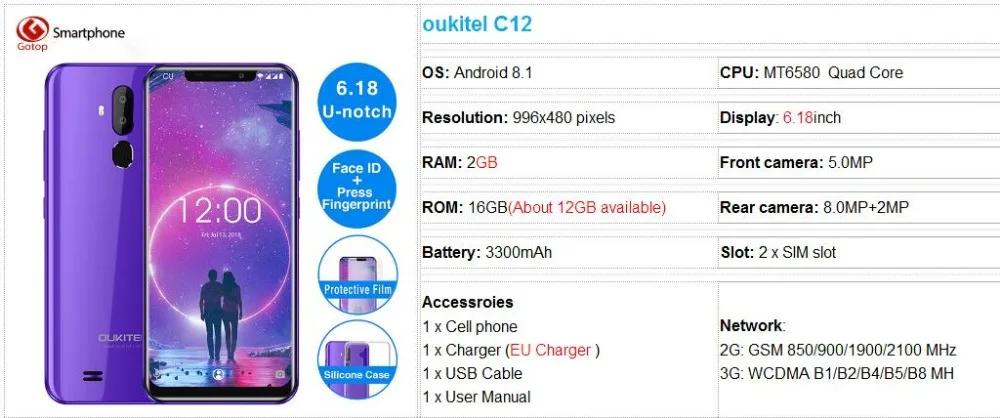 Oukitel C12 Face ID 6,18 дюймов 19:9 u-образный дисплей Android 8,1 2 Гб ОЗУ 16 Гб ПЗУ MT580 3300 мАч батарея 8 Мп+ 2 Мп камера смартфон