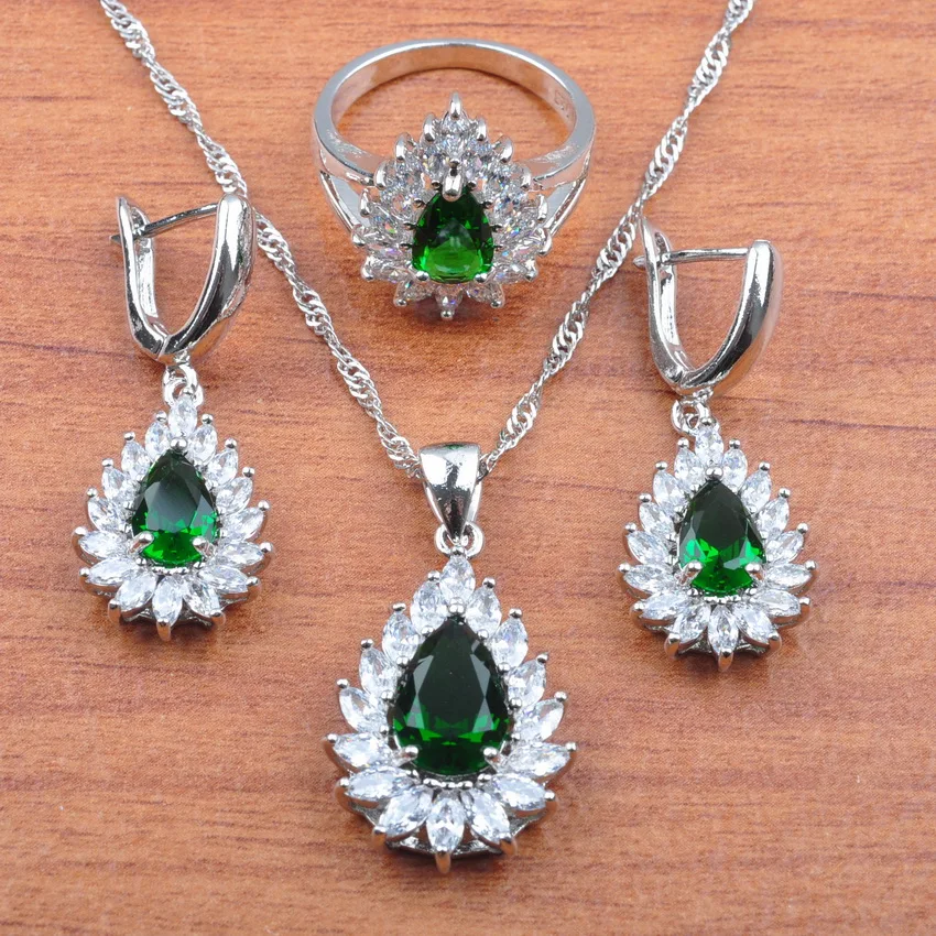 Серебряный Цвет капли воды Ювелирные наборы зеленый фианит женский модный