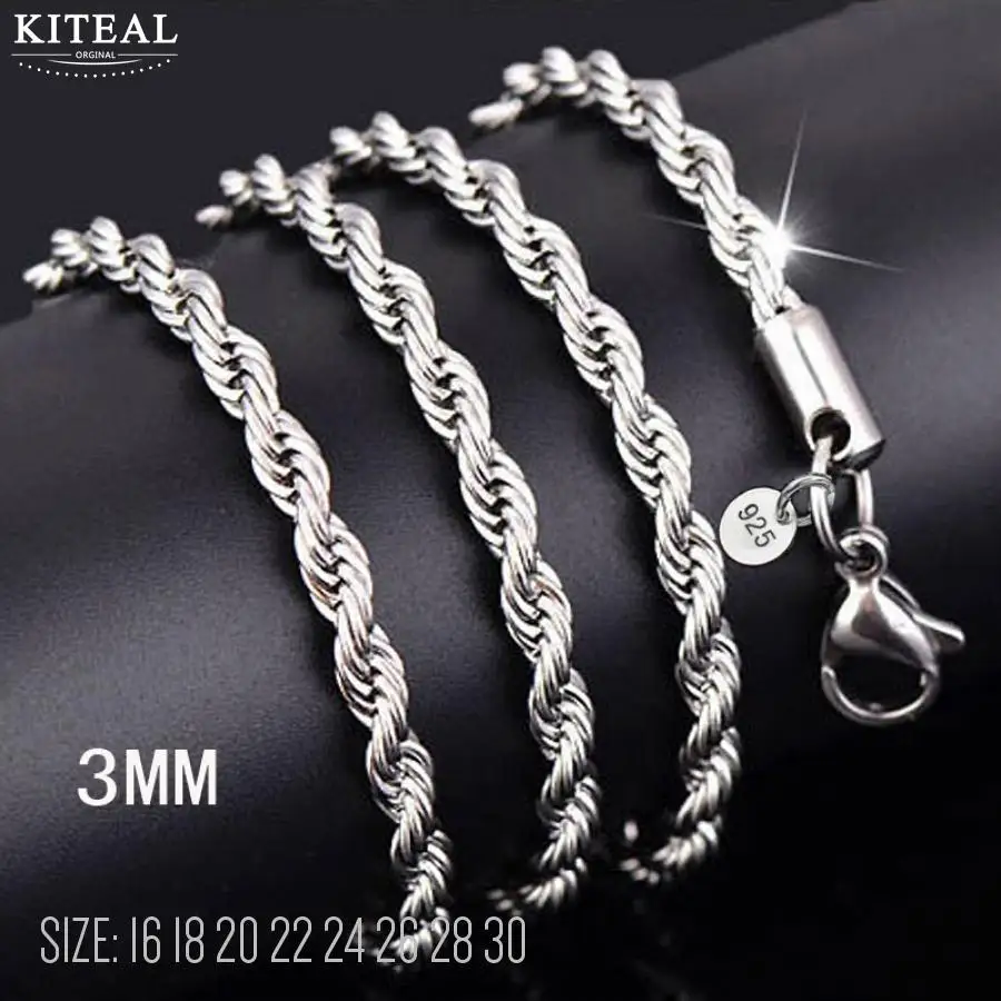 3MM CN4 4 мм 16 18 20 22 24 твист веревка цепи ожерелье, модные ювелирные изделия 925 штамп серебряные ювелирные изделия ожерелья для мужчин и женщин - Окраска металла: 3MM