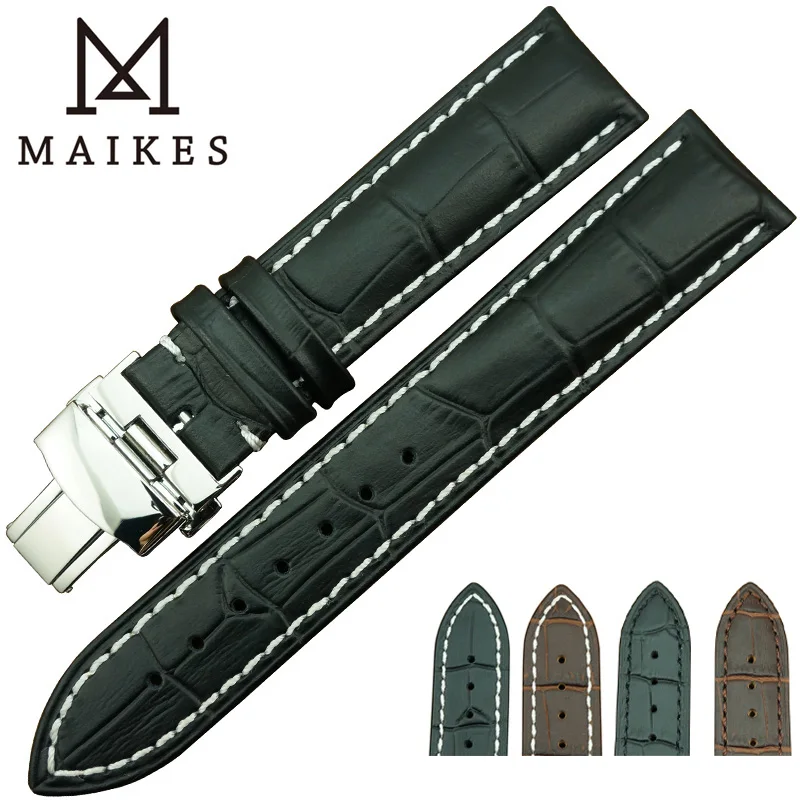 Ремешок для часов MAIKES из натуральной кожи с пряжкой-бабочкой нержавеющей стали