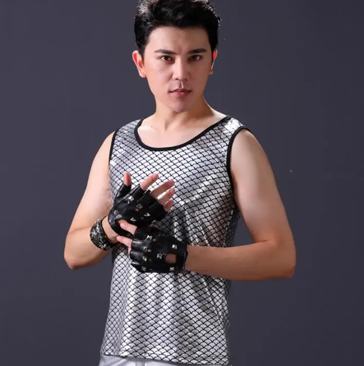 men vest gold silver clothing personality slim male sleeveless vests punk rock costumes hombre singer dance stage fashion | Мужская