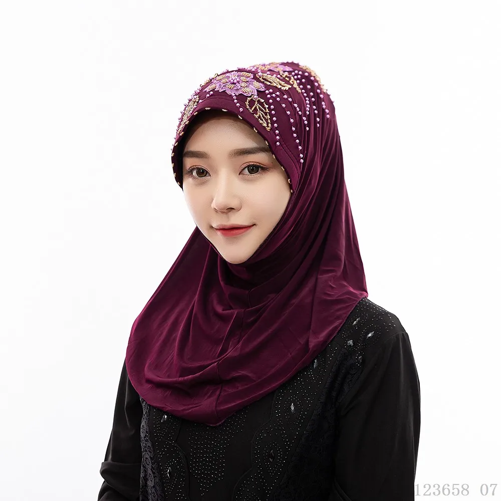 Новый Хиджаб, малайзийский хиджаб, однотонные кепки, мусульманский тюрбан с бисером для мусульманских платьев