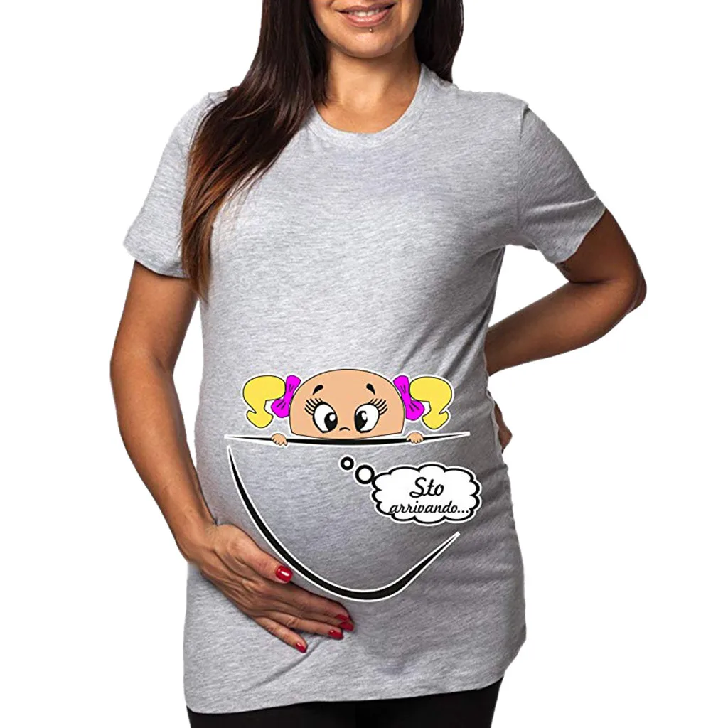 Женская Футболка для беременных с карманом и круглым вырезом короткий рукав