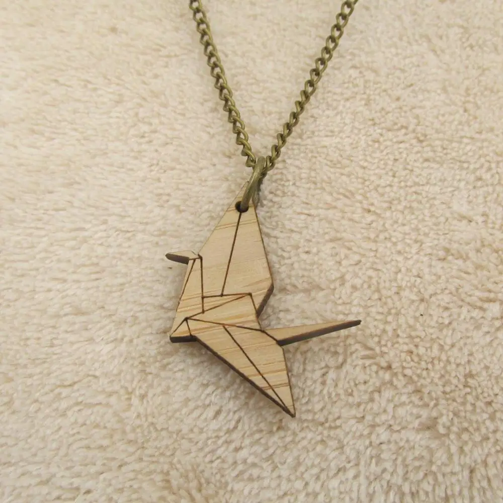 origami crane ОРИГАМИ Бумага самолет Лодка кран деревянная цепь ожерелье корабль кулон бамбуковое дерево графические ювелирные изделия морской аксессуар - Окраска металла: origami crane