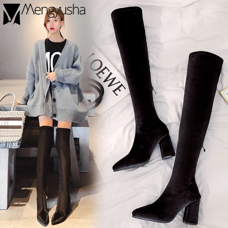 2019 г. знаменитые велюровые облегающие Женские Сапоги выше колена на молнии
