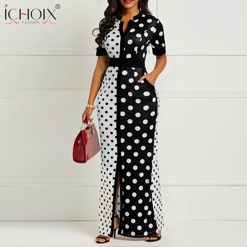 Лето Женский Длинное Платье Повседневная Горошек Белый Принт Длинное Платье Bodycon Плюс Размер Элегантный Офис Lady Party Платье Макси